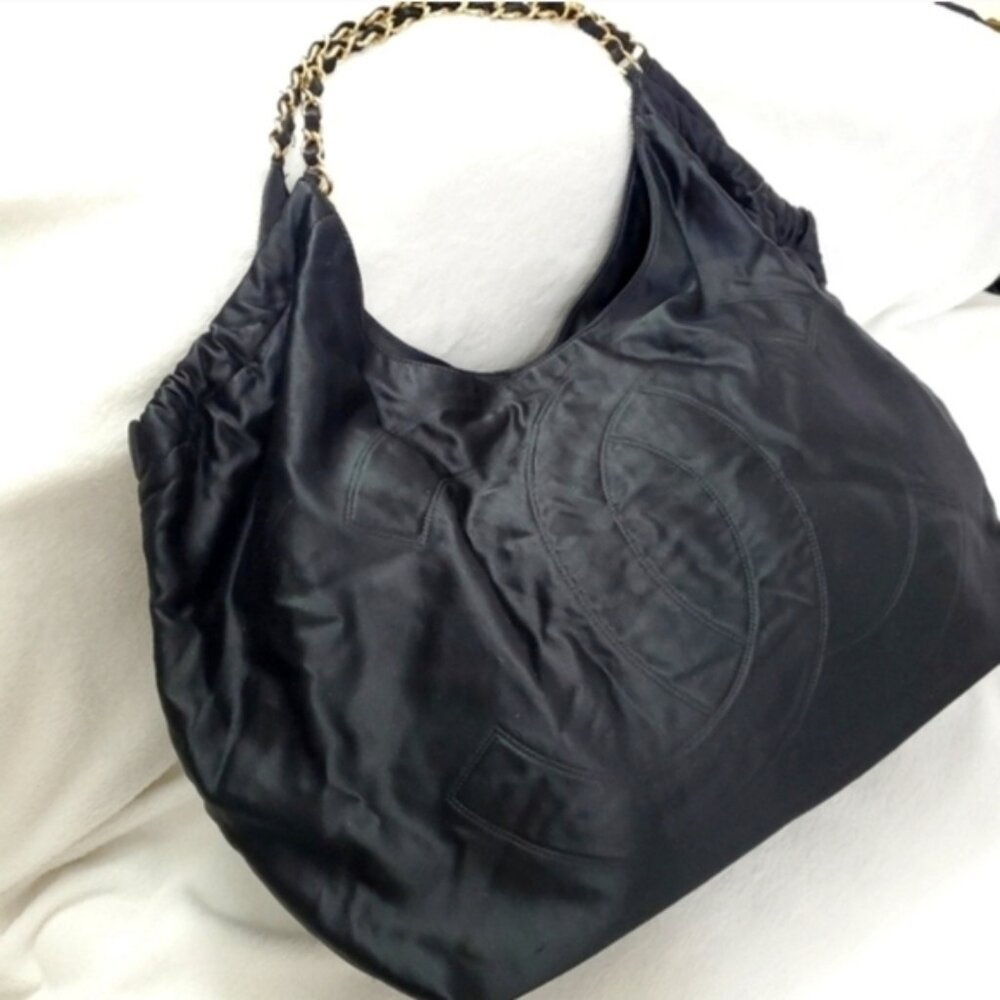 Authentic Chanel Large CC Satin Hobo Bag Black and Gold Chain